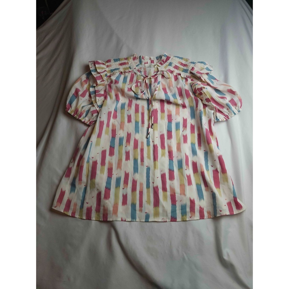 Entro Blouse Womens Large Multicolor Woven Tie Neck Ruffle Short Sleeve Top